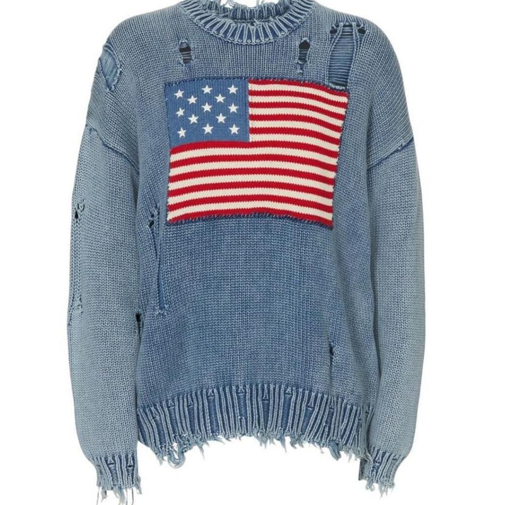 🔥 RARE Denimist Distressed American Flag Sweater - Light Indigo - Large